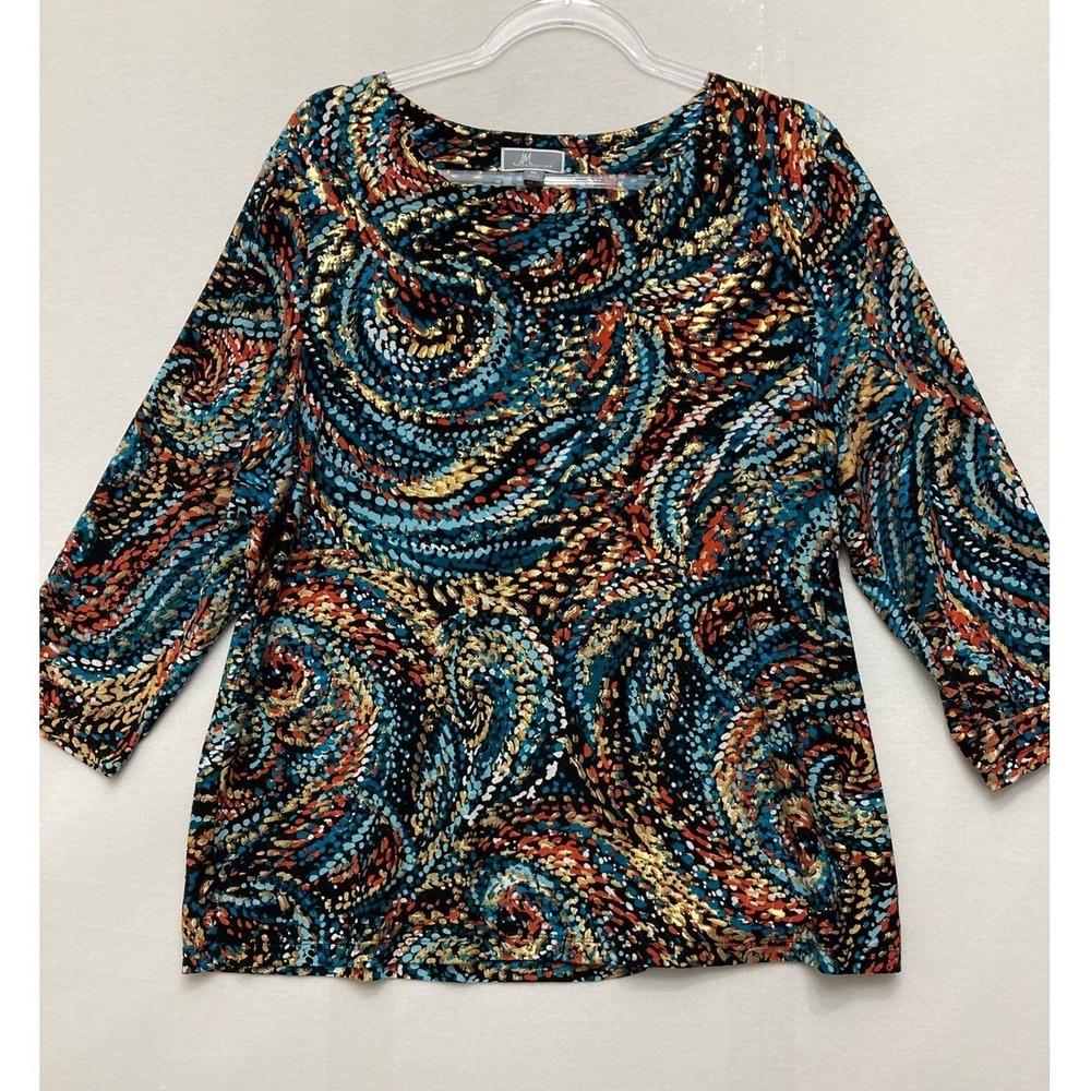 JM Collection Blouse Size XL Multi Metallic Swirl Abstract Paisley 3/4 Sleeve